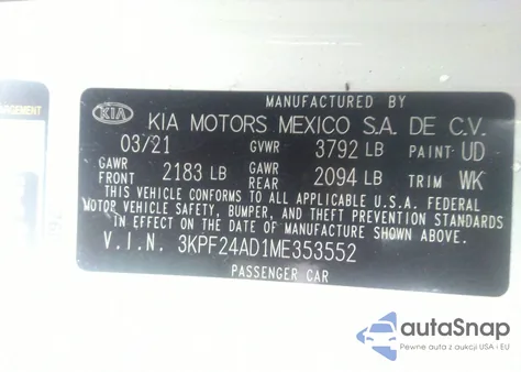 2021 Kia Forte Fe из США, поврежденный, VIN 3KPF24AD1ME353552